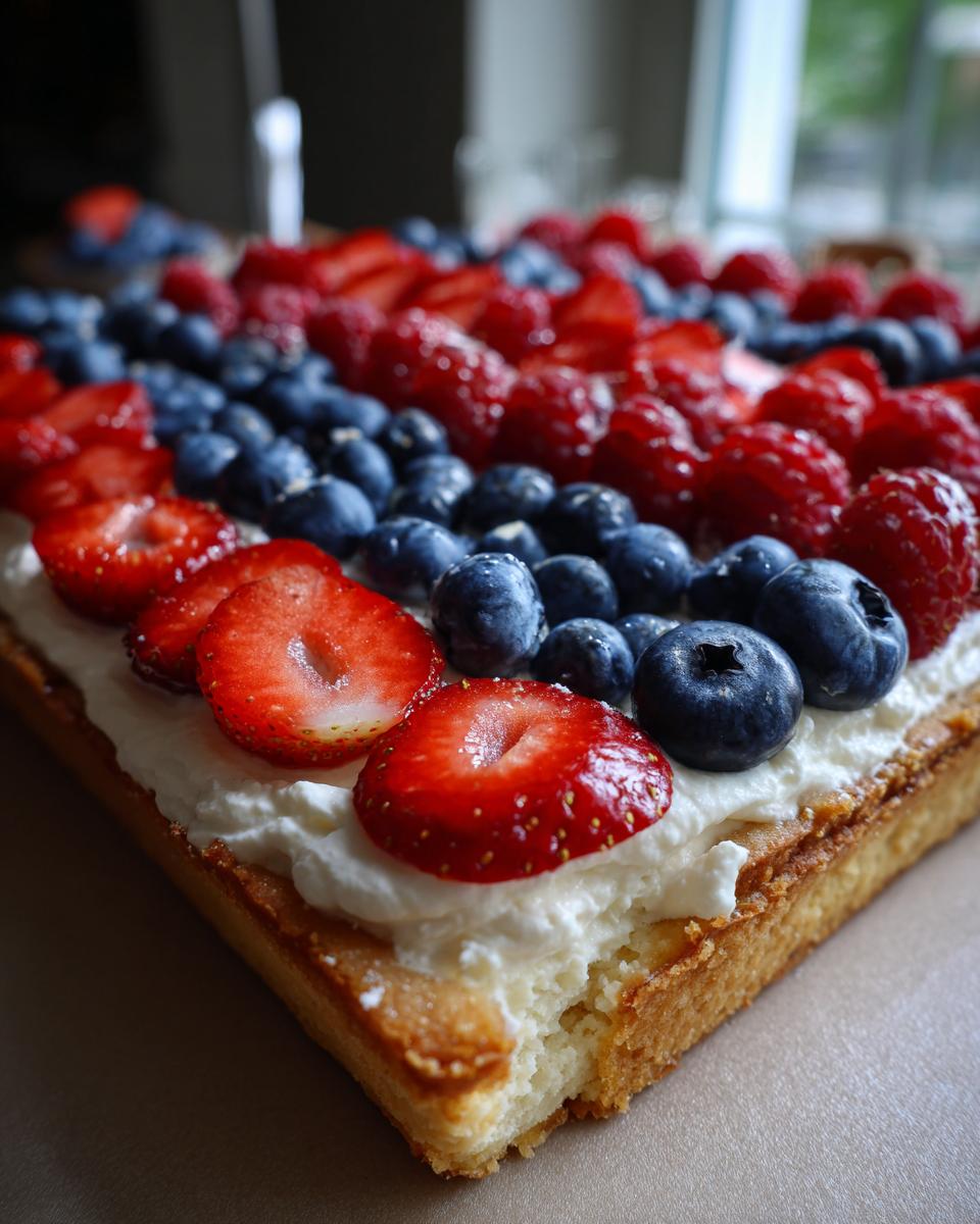 A delicious Fourth of July dessert: Flag Fruit Pizza on a cookie crust, topped with cream cheese frosting and fresh strawberries, blueberries, and raspberries.