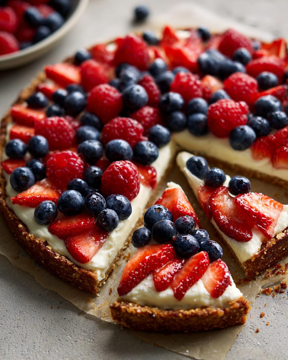 A slice of Fourth of July Flag Fruit Pizza on a cookie crust, topped with cream cheese frosting and fresh berries.