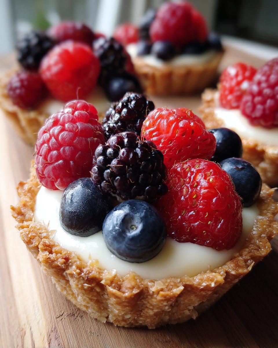 Close-up of Fourth of July mini tartlets filled with cream and topped with fresh raspberries, blueberries, and blackberries.