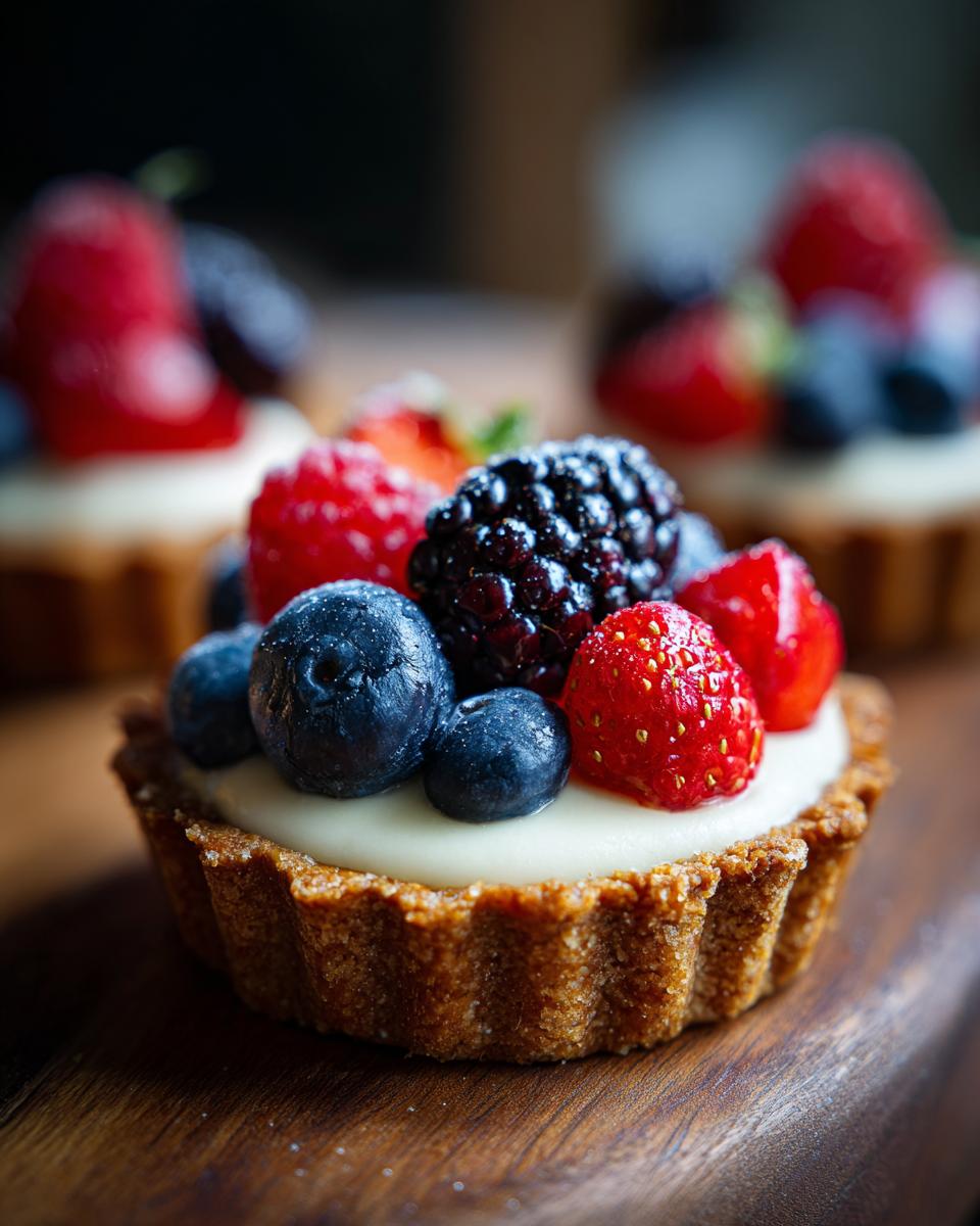 Close-up of a Fourth of July dessert mini tartlet filled with cream and topped with fresh berries: blueberries, raspberries, strawberries, and blackberries.