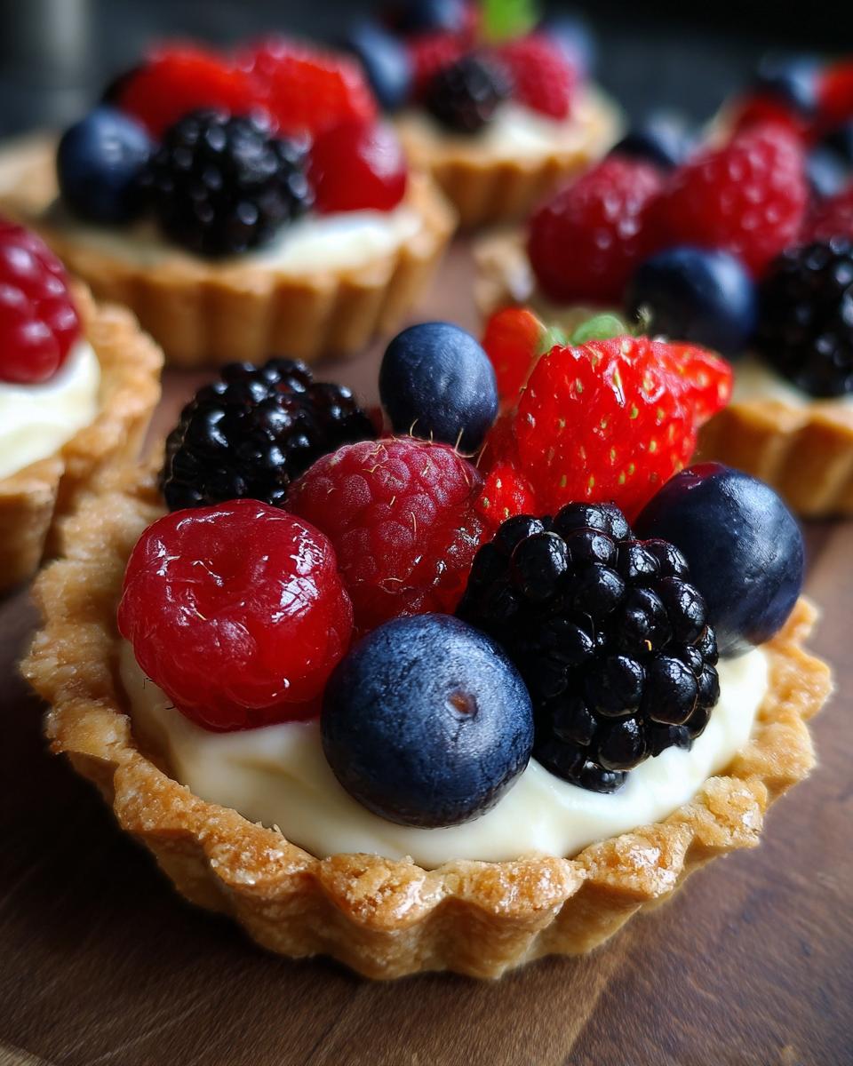 Close-up of Fourth of July mini tartlets filled with cream and topped with fresh berries like raspberries, blueberries, and blackberries.