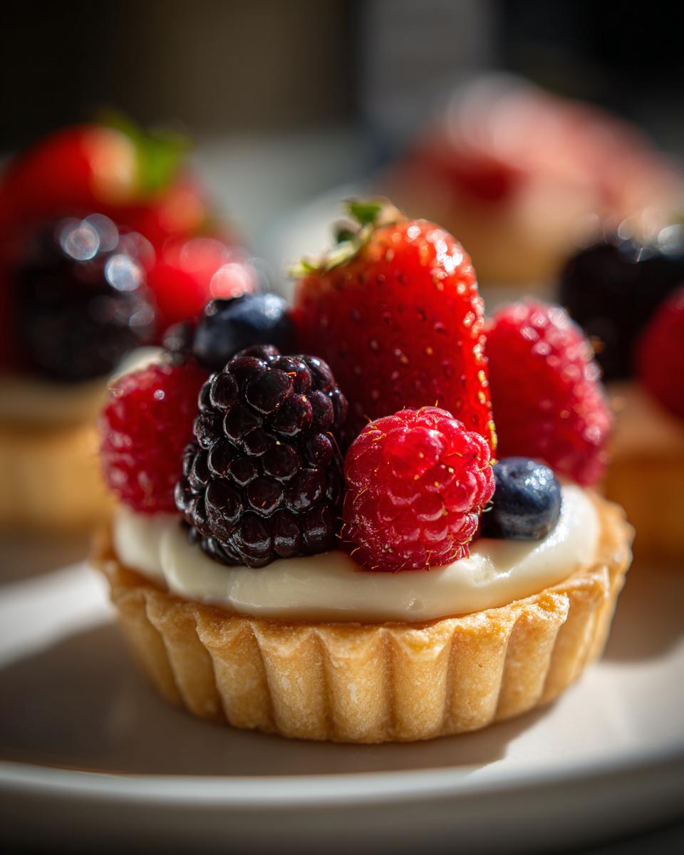 Close-up of a Fourth of July dessert: a mini tartlet filled with cream and topped with fresh berries like strawberries, raspberries, blueberries, and blackberries.