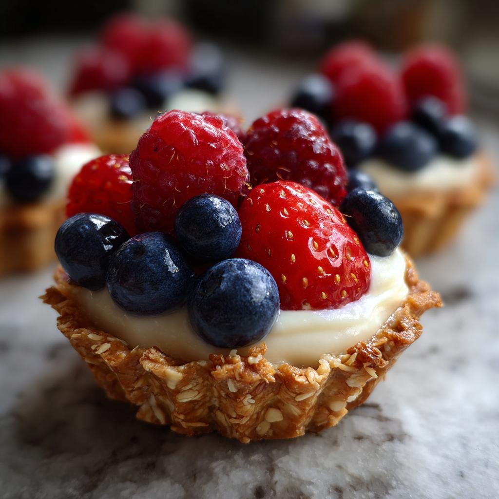 Close-up of a Fourth of July dessert: mini tartlet filled with cream and topped with fresh strawberries, blueberries, and raspberries.