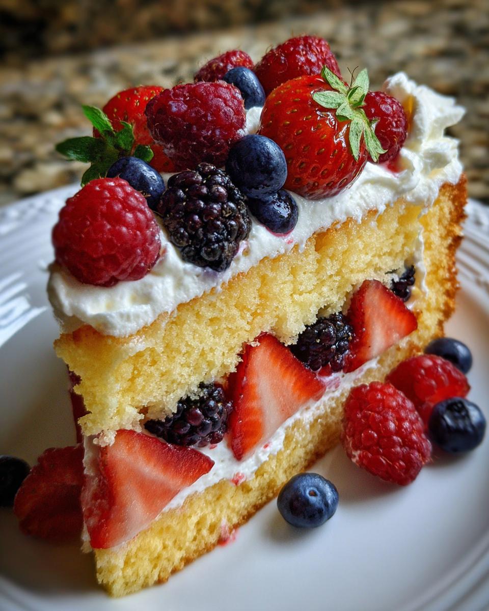 A slice of pound cake transformed into a berry shortcake with layers of cream and fresh mixed berries for Fourth of July desserts.