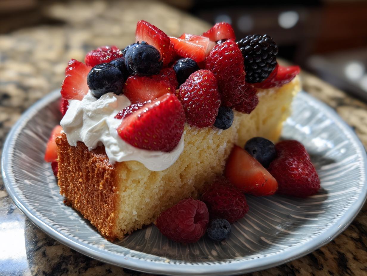 Two slices of pound cake topped with whipped cream and fresh strawberries, blueberries, raspberries, and a blackberry for Fourth of July desserts.