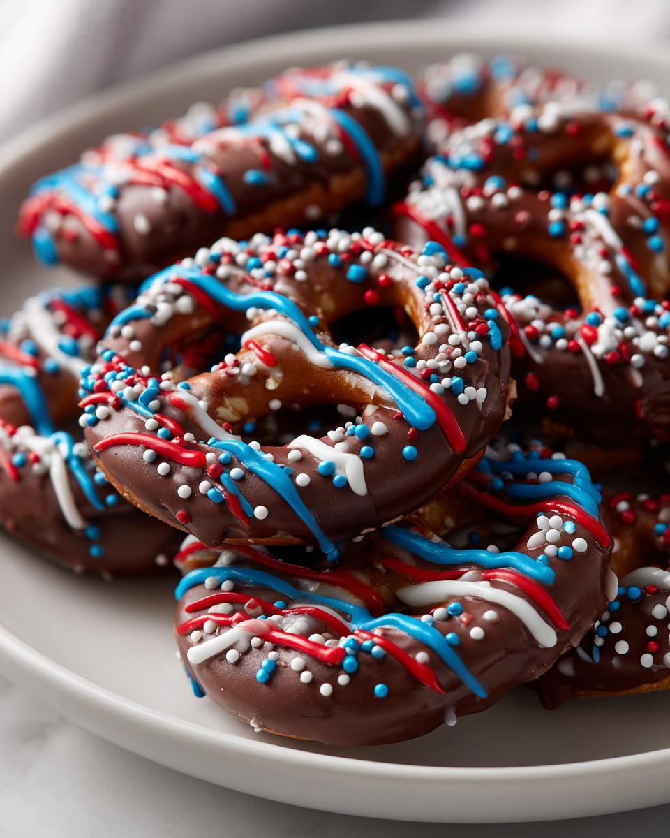 Close-up of chocolate-covered pretzels decorated with red, white, and blue icing and sprinkles for Fourth of July Desserts.