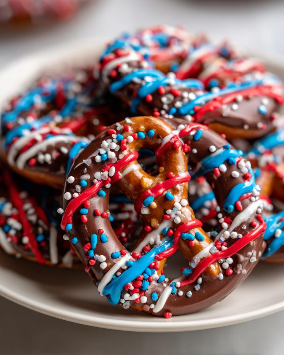 Close-up of chocolate-covered pretzels decorated with red, white, and blue icing and sprinkles for Fourth of July desserts.