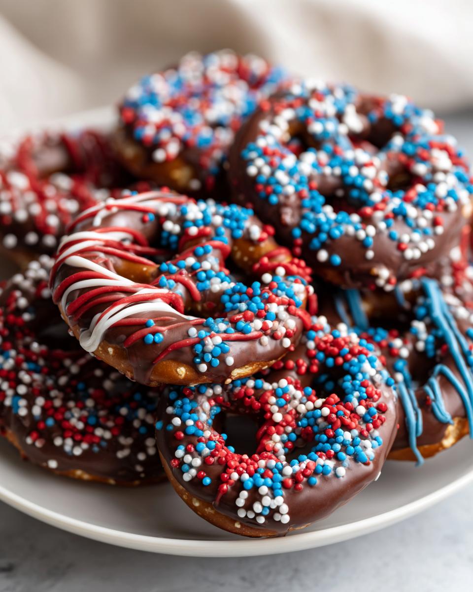 A pile of chocolate-covered pretzels with red, white, and blue sprinkles, perfect for Fourth of July Desserts.