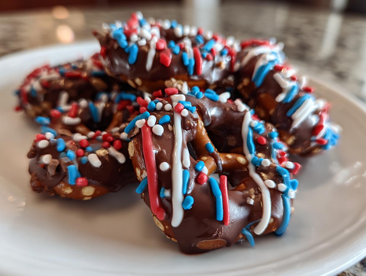 Close-up of chocolate-covered pretzels with red, white, and blue sprinkles, perfect for Fourth of July desserts.