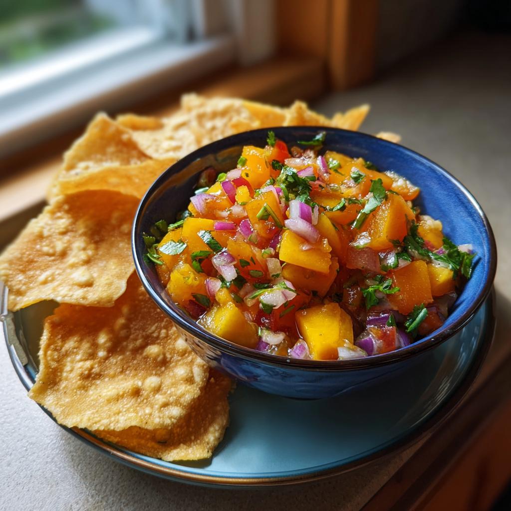 A vibrant bowl of fresh peach salsa with diced peaches, red onion, and cilantro, served with cinnamon chips.