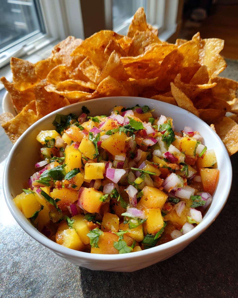 A bowl of fresh peach salsa with diced peaches, red onion, cilantro, and spices, served with cinnamon chips.