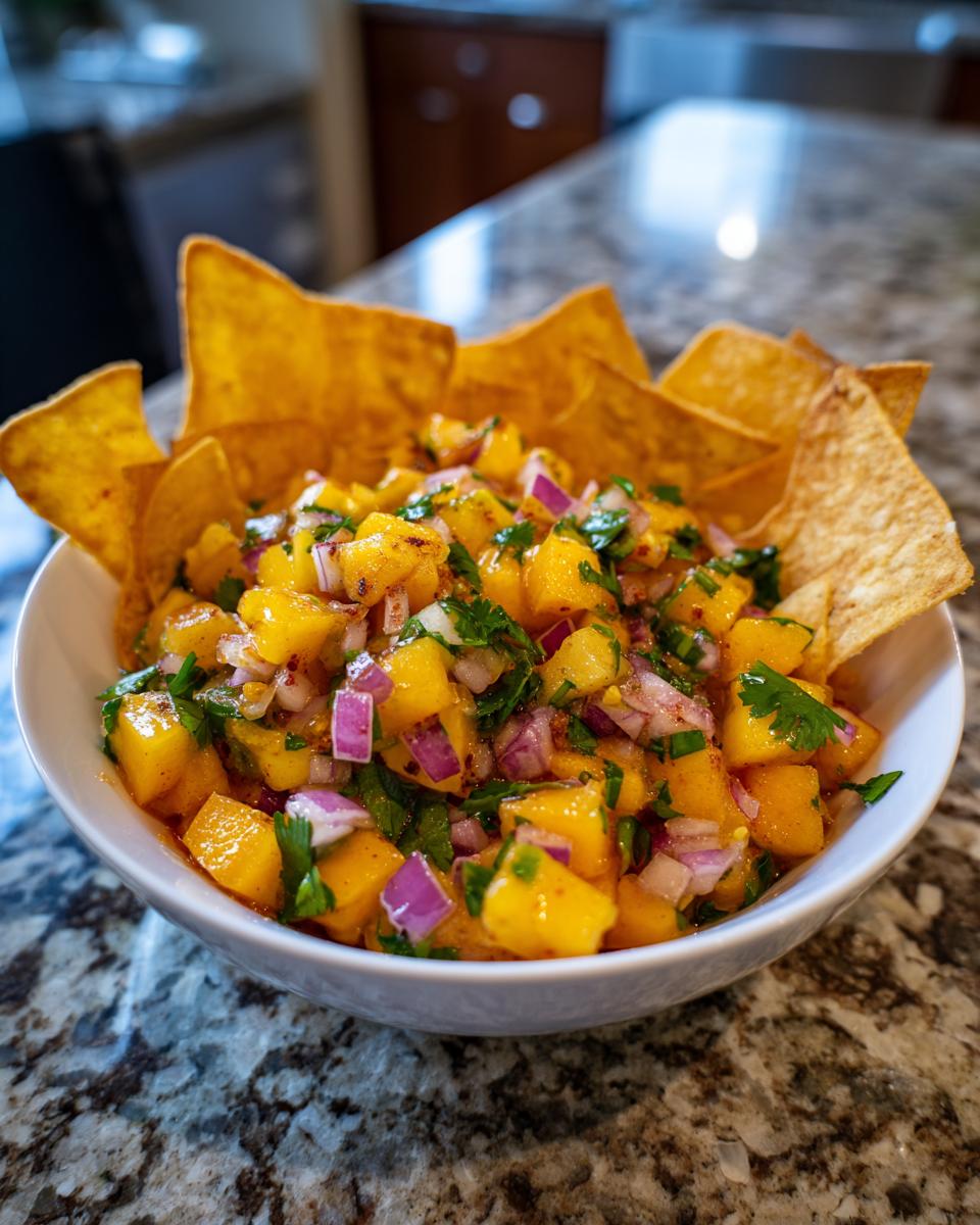 A white bowl filled with fresh peach salsa, featuring diced peaches, red onion, cilantro, and spices, served with cinnamon chips.