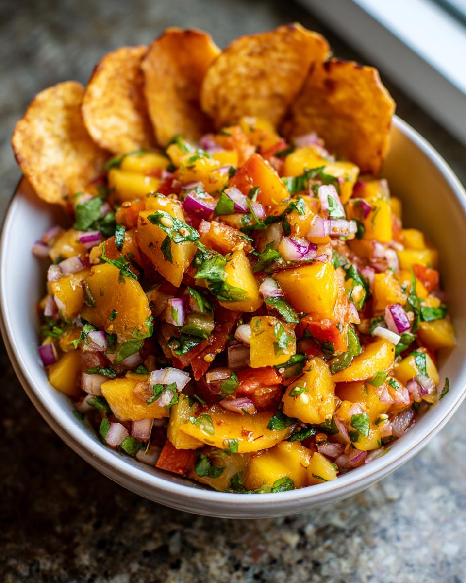 Close-up of a bowl of fresh peach salsa with diced peaches, red onion, cilantro, and tomatoes, served with cinnamon chips.