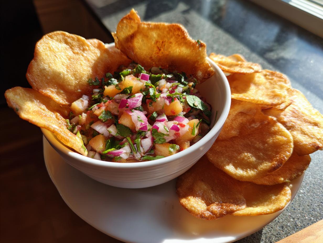 Close-up of fresh peach salsa in a white bowl, served with golden-brown cinnamon chips.