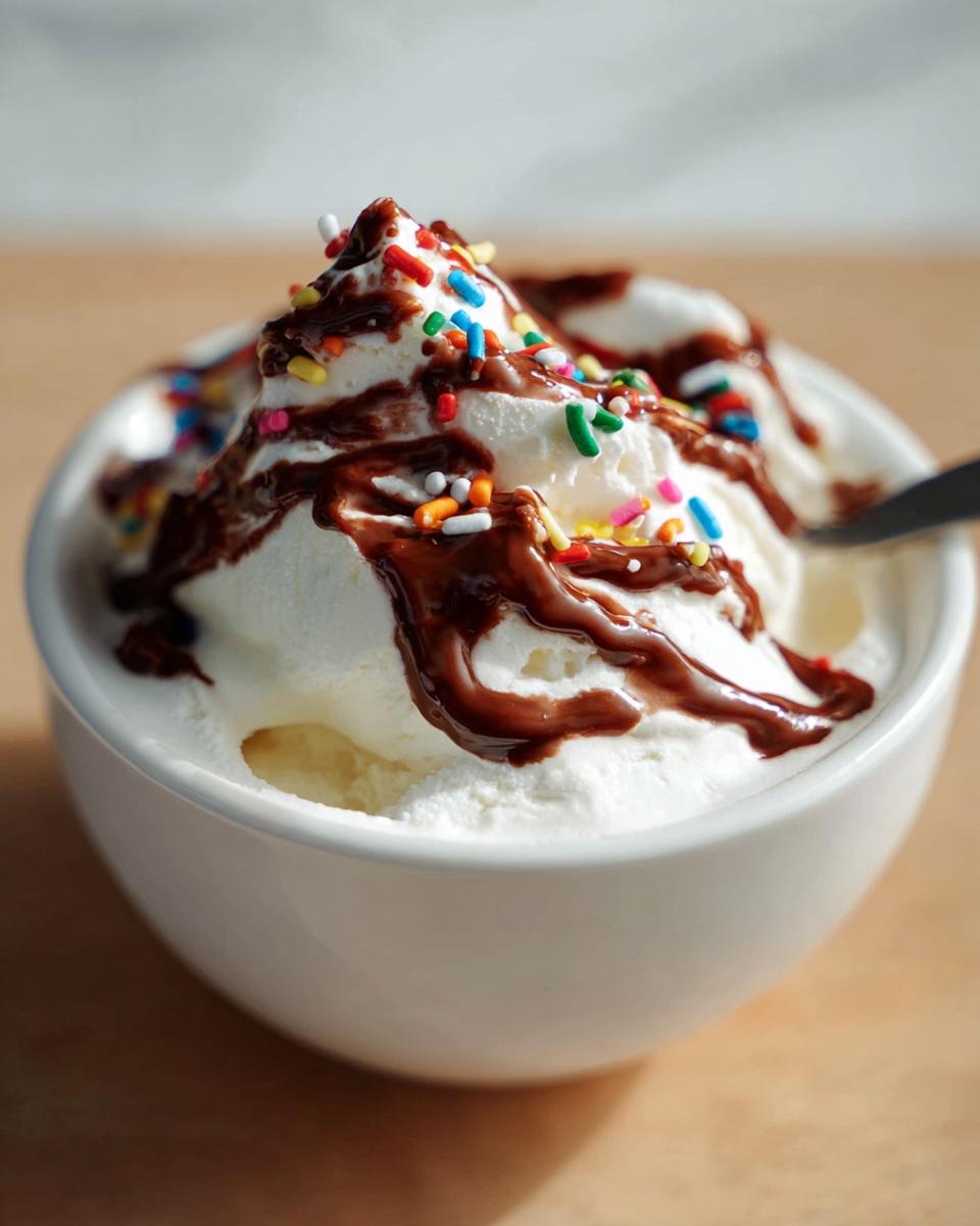 A bowl of creamy frozen Greek yogurt topped with chocolate syrup and colorful sprinkles.