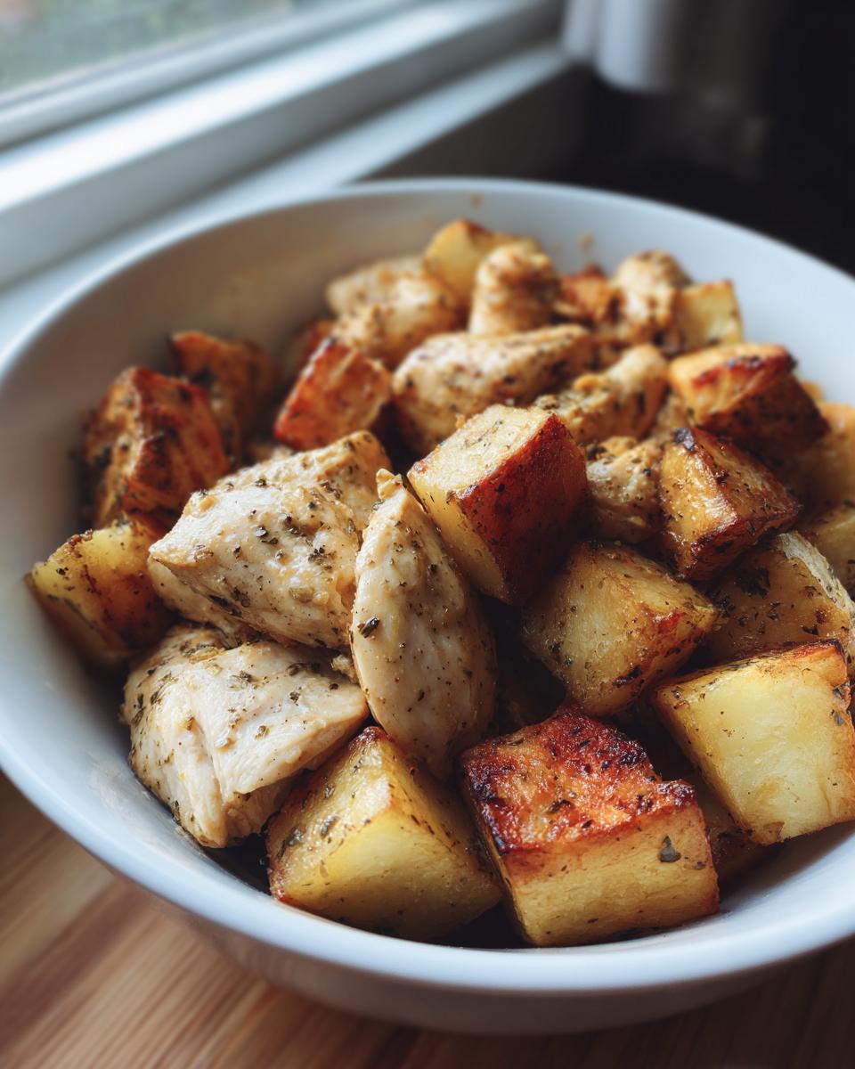 A white bowl filled with seasoned chicken breast pieces and golden roasted potatoes, a delicious garlic ranch chicken recipe.