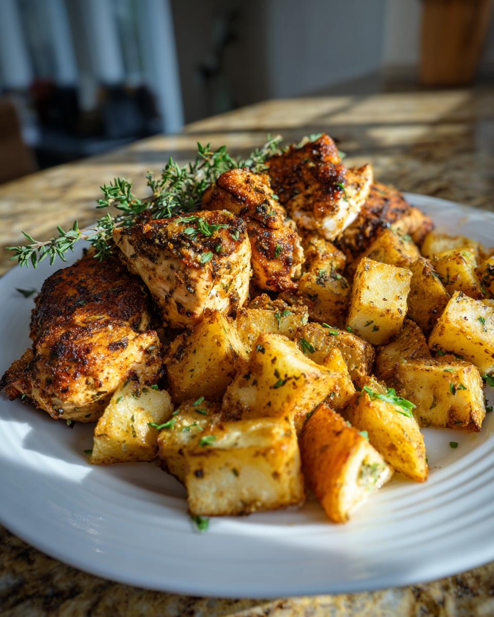 A plate of seasoned chicken breast pieces and roasted potatoes, garnished with fresh thyme and parsley.