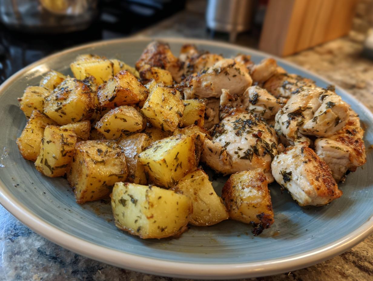 A close-up of a plate of garlic ranch chicken and potatoes, seasoned with herbs. This is a featured image for chicken breast recipes.