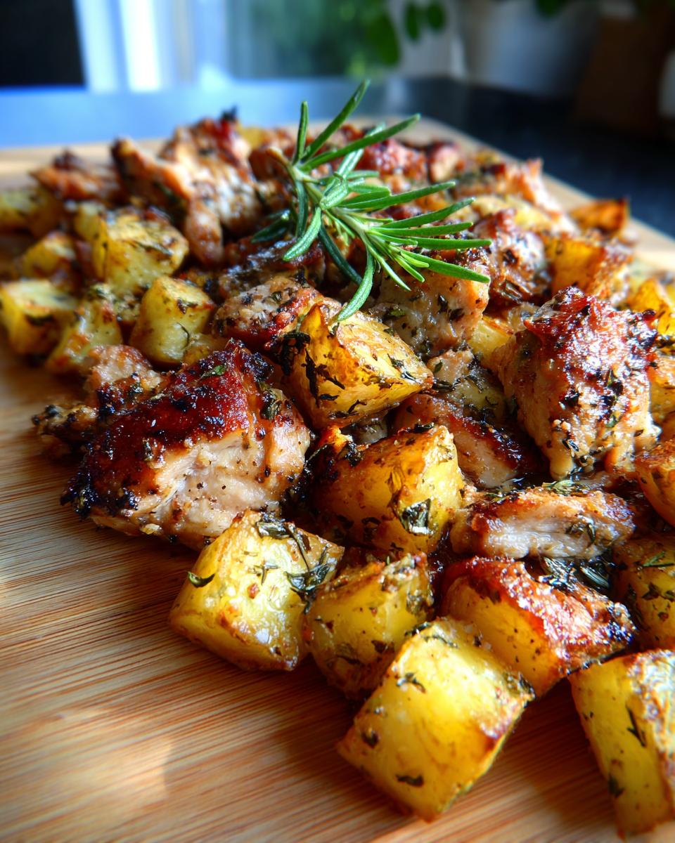 Close-up of roasted garlic ranch chicken and potatoes, garnished with fresh rosemary.