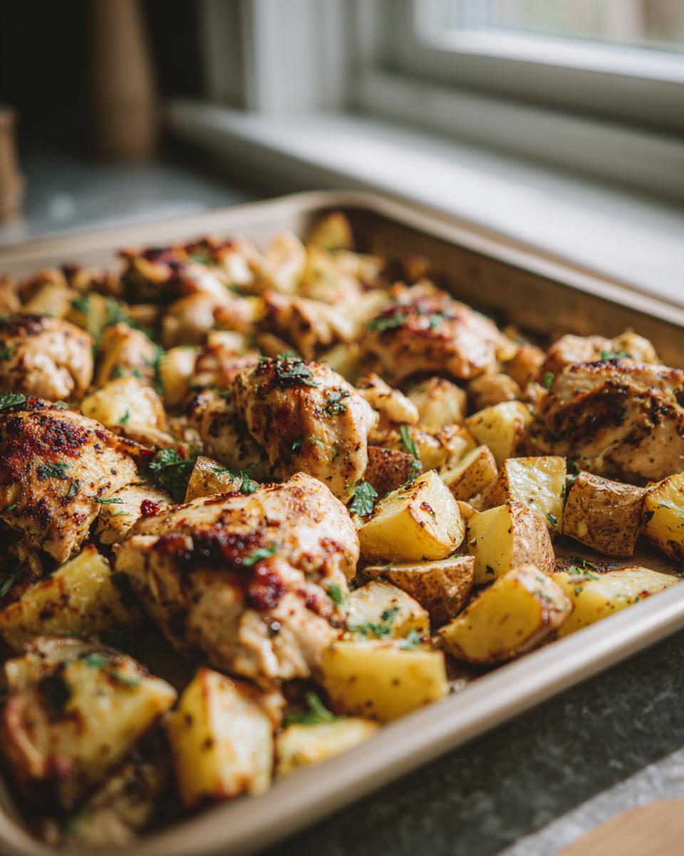 Close-up of baked Garlic Ranch Chicken and Potatoes on a baking sheet, garnished with parsley.