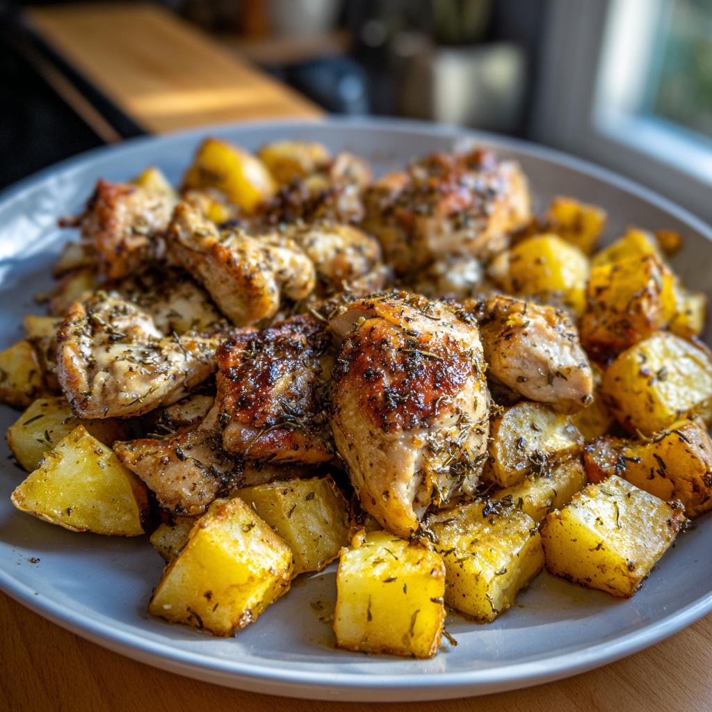 A plate of golden-brown roasted chicken breast pieces and cubed potatoes, seasoned with herbs. A delicious dish from chicken breast recipes.