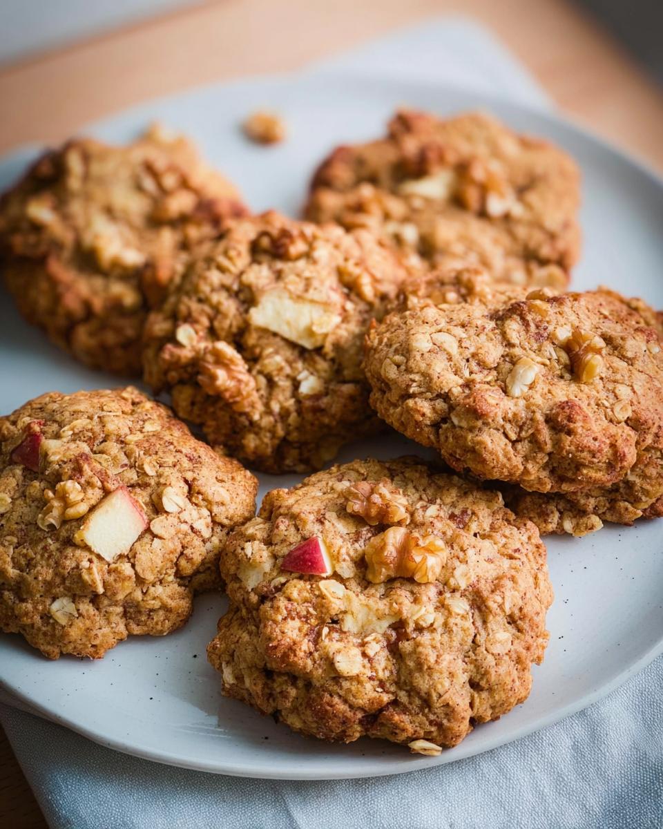 A close-up of several Gesunde Apfel-Hafer-Kekse (healthy apple oat cookies) with visible chunks of apple and walnuts on a white plate.