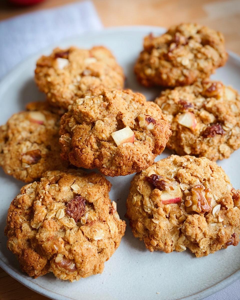 Close-up of delicious healthy apple oat cookies with visible chunks of apple and walnuts on a plate.