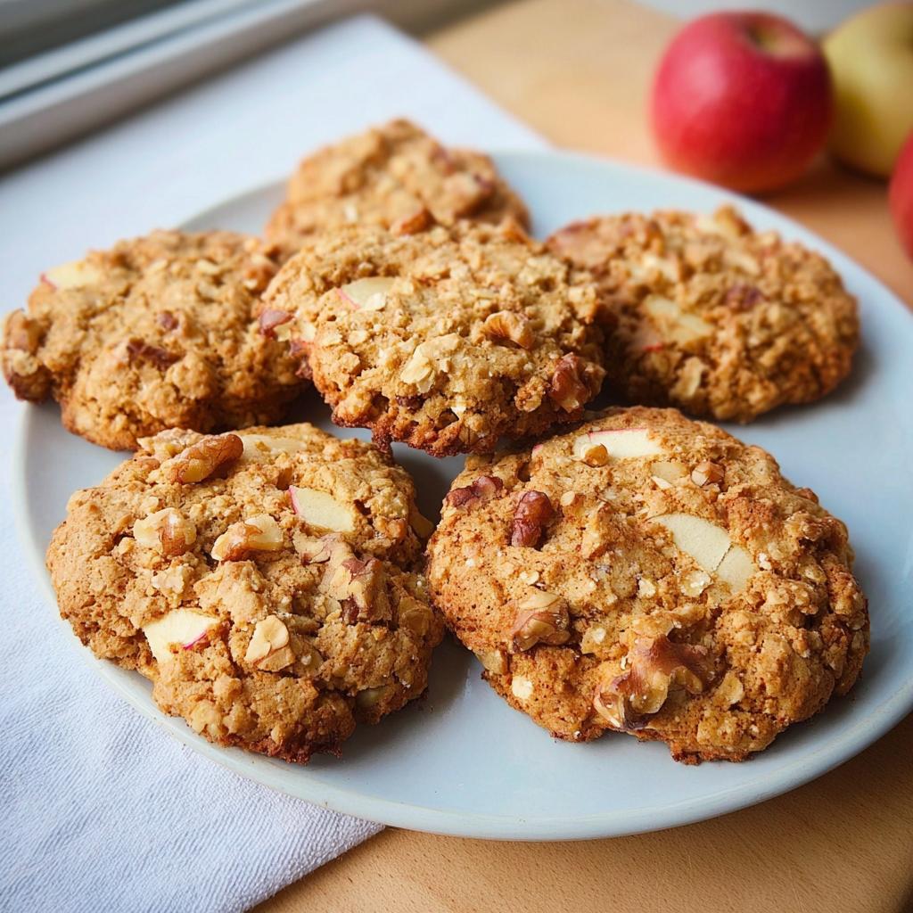 A plate of delicious, homemade Gesunde Apfel-Hafer-Kekse (Healthy Apple Oat Cookies) studded with apple pieces and walnuts.