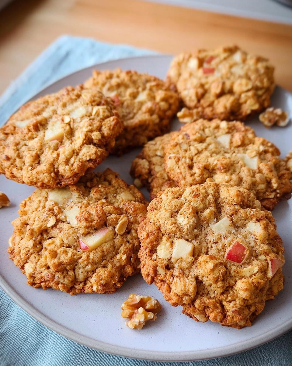 A plate of delicious Gesunde Apfel-Hafer-Kekse (healthy apple oat cookies) with visible apple chunks and walnuts.