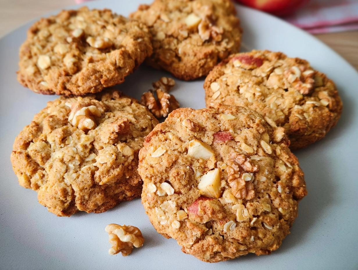 Close-up of delicious healthy apple oat cookies with chunks of apple and walnuts on a light grey plate.