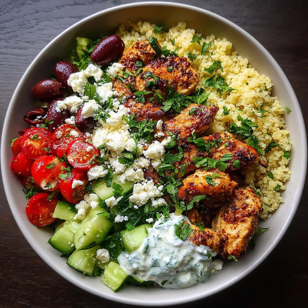A vibrant Greek chicken bowl with grilled chicken, quinoa, tomatoes, cucumbers, olives, feta cheese, and tzatziki sauce, perfect for healthy lunch ideas.