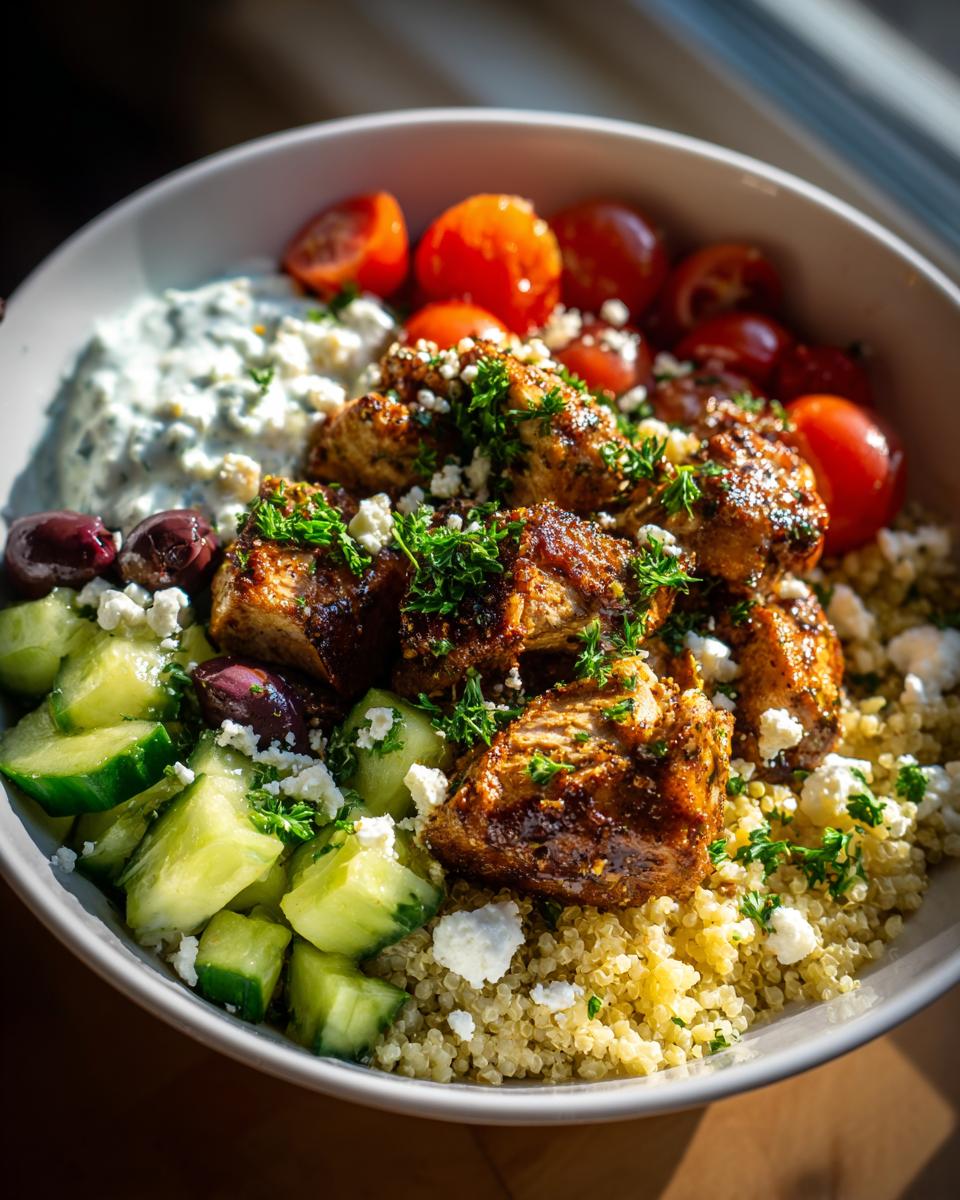 A vibrant Greek chicken bowl with quinoa, grilled chicken, cucumber, tomatoes, olives, and tzatziki sauce.