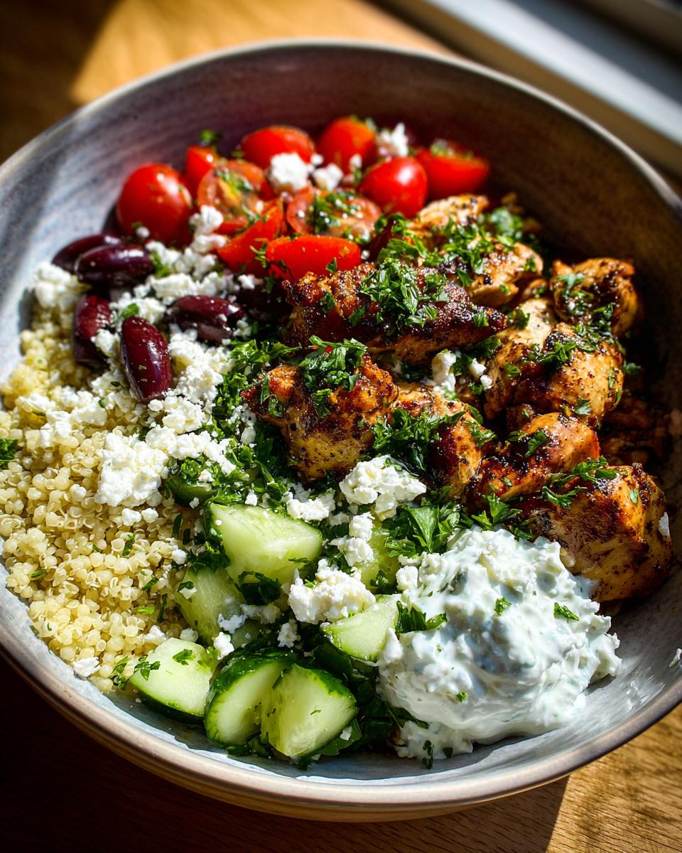 A vibrant Greek chicken bowl packed with grilled chicken, quinoa, tomatoes, cucumbers, olives, feta, and tzatziki.