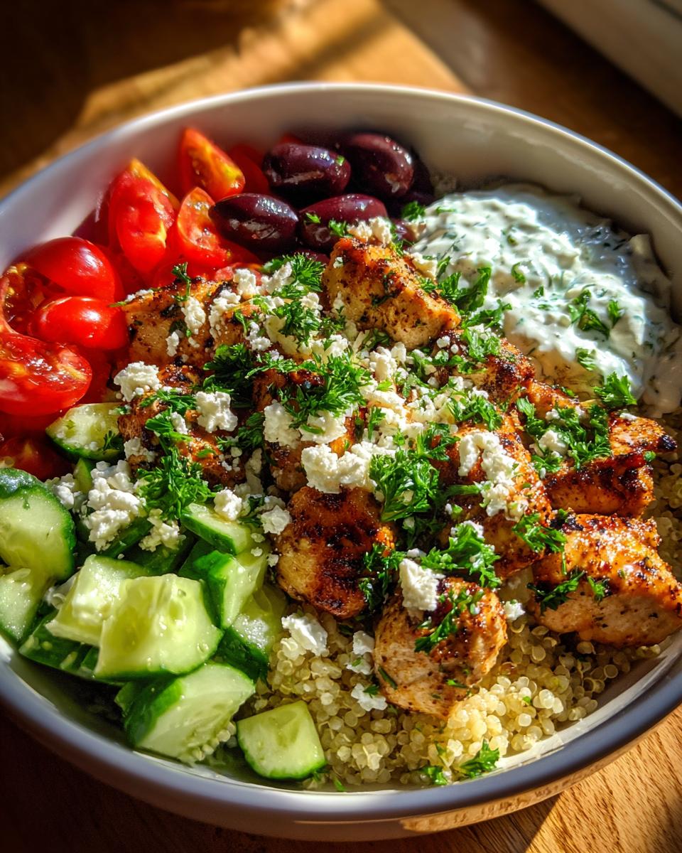 Close-up of a healthy Greek chicken bowl with quinoa, chicken, cucumber, tomatoes, olives, feta, and tzatziki.