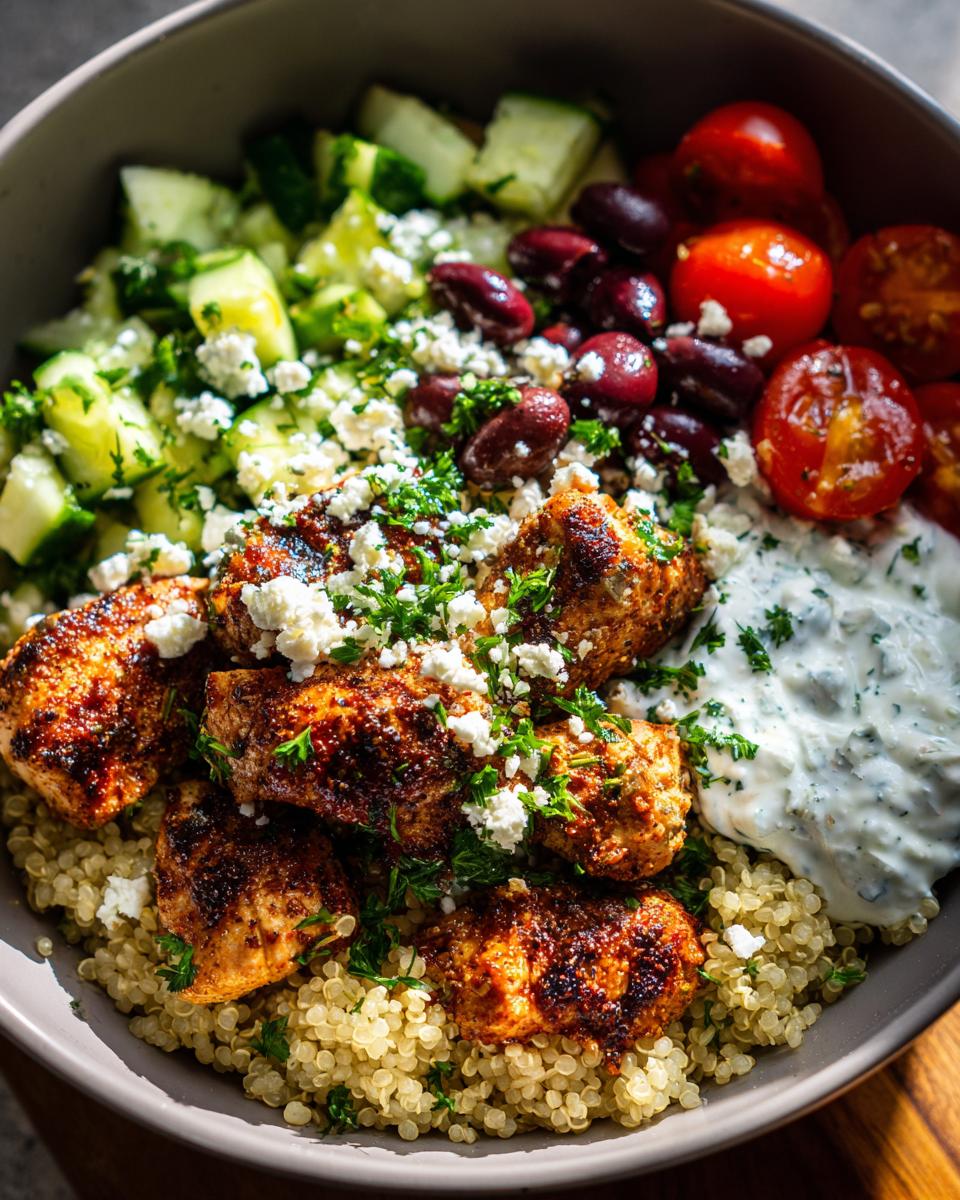 A close-up of a healthy Greek chicken bowl with quinoa, seasoned chicken, cucumber, tomatoes, olives, feta, and tzatziki sauce.