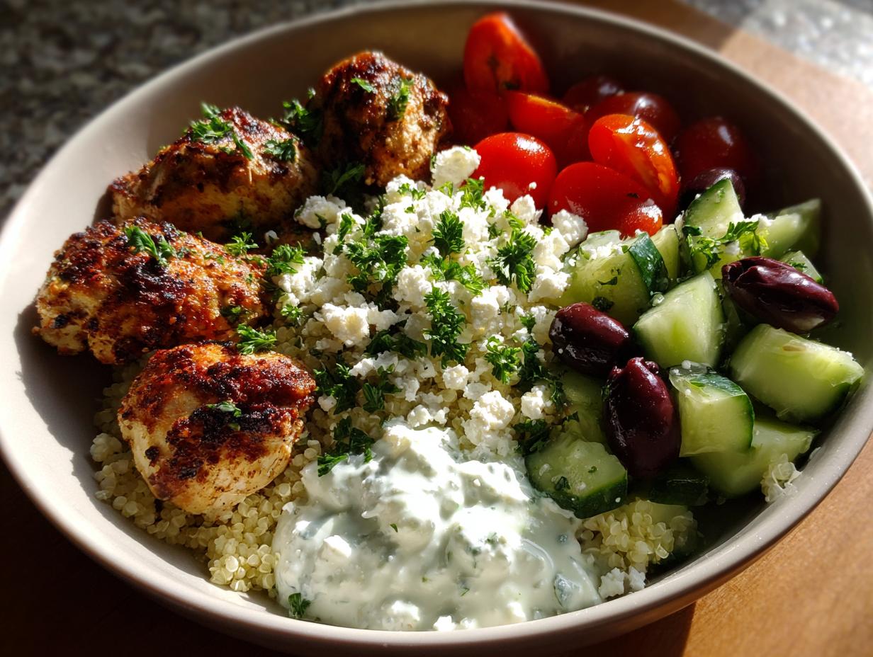 A close-up of a Greek chicken bowl with quinoa, grilled chicken, feta cheese, cucumber, tomatoes, olives, and tzatziki sauce.