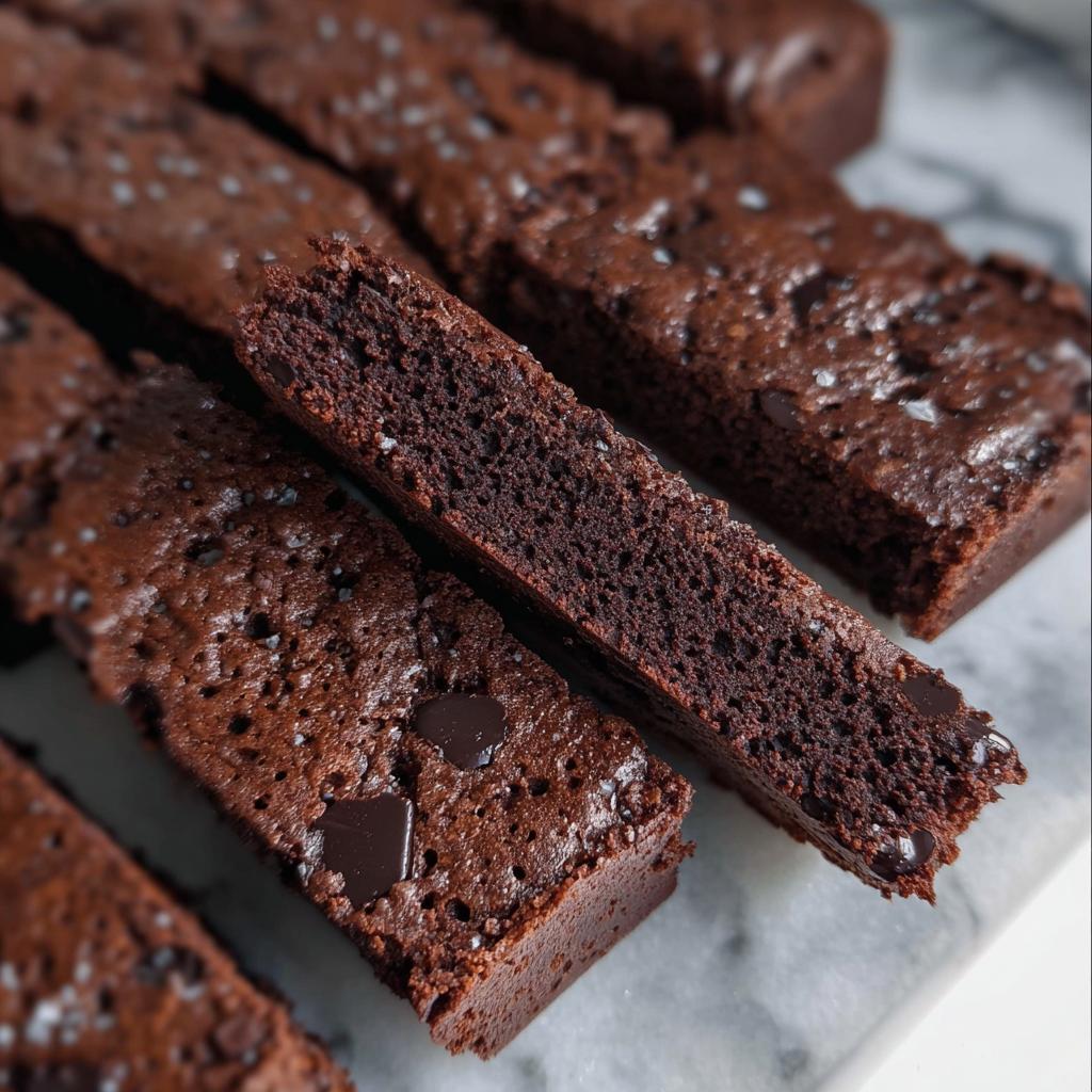 Close-up of moist Greek Yogurt Brownies topped with sea salt and chocolate chips.
