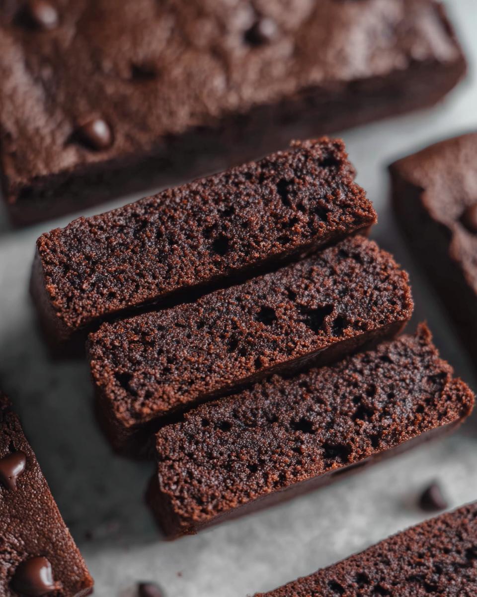 Close-up of moist, rich chocolate Greek Yogurt Brownies cut into rectangular slices, with chocolate chips visible.