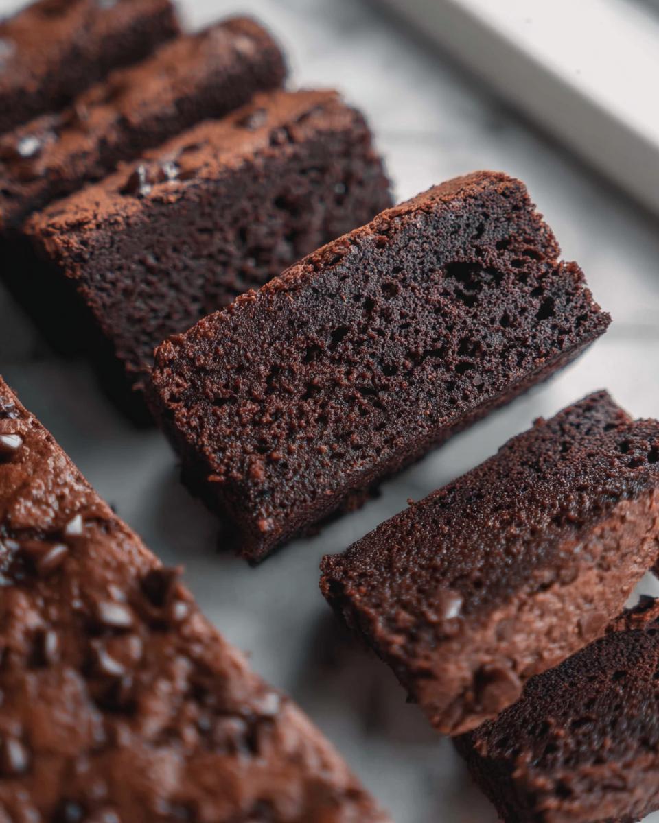 Close-up of moist, rich chocolate Greek Yogurt Brownies cut into rectangular slices.
