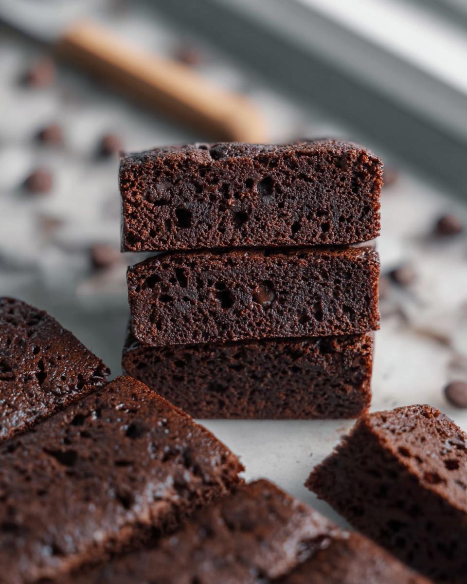 A stack of rich, fudgy Greek Yogurt Brownies with visible chocolate chips scattered around.