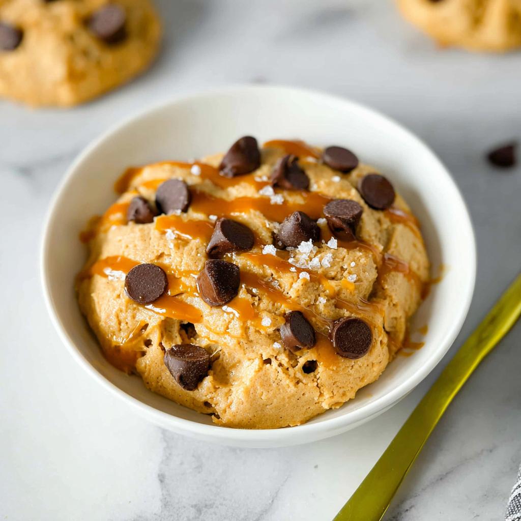 A single serving of Greek Yogurt Cookie Dough topped with chocolate chips, caramel drizzle, and sea salt.