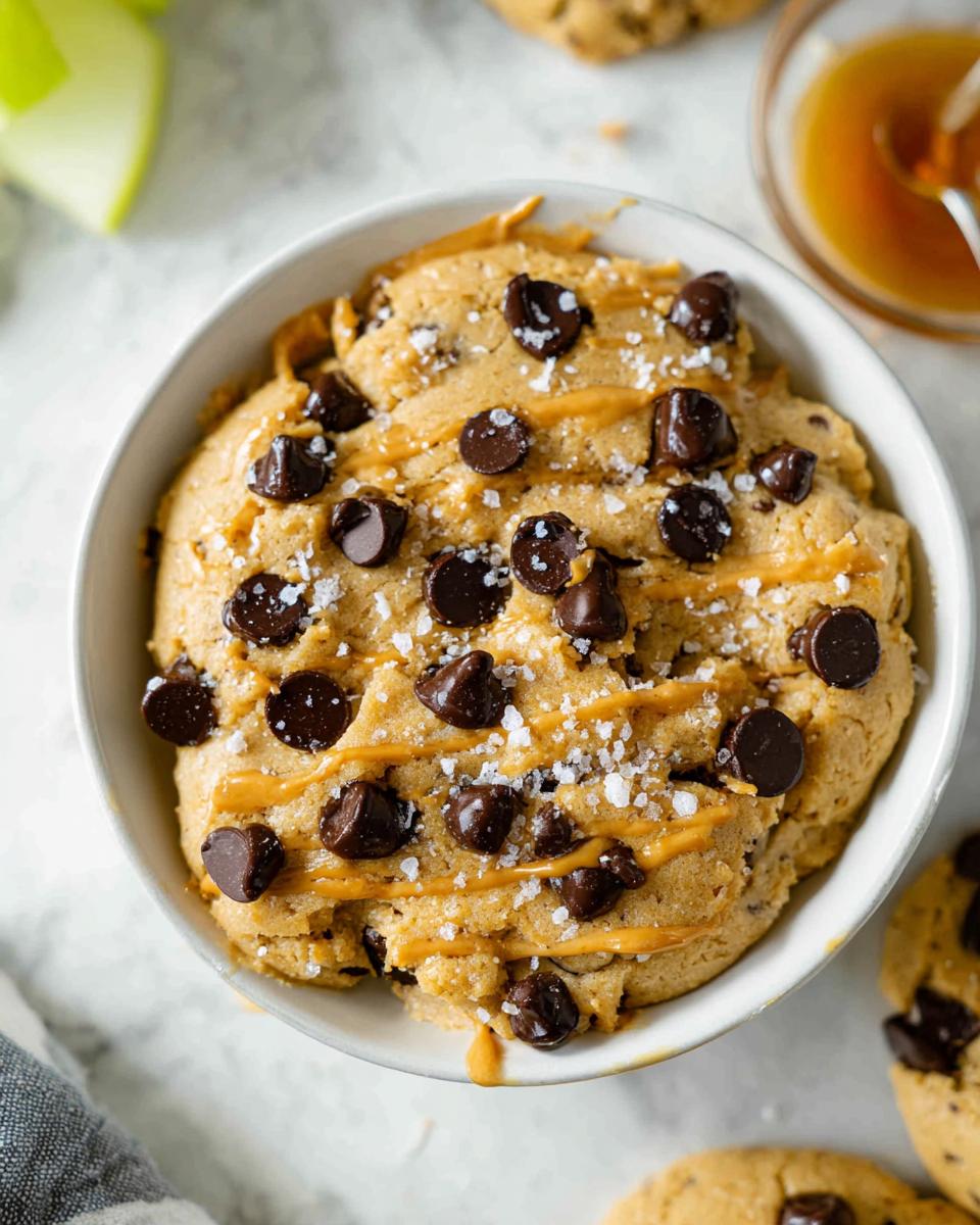A bowl of Greek Yogurt Cookie Dough topped with chocolate chips, caramel drizzle, and sea salt.