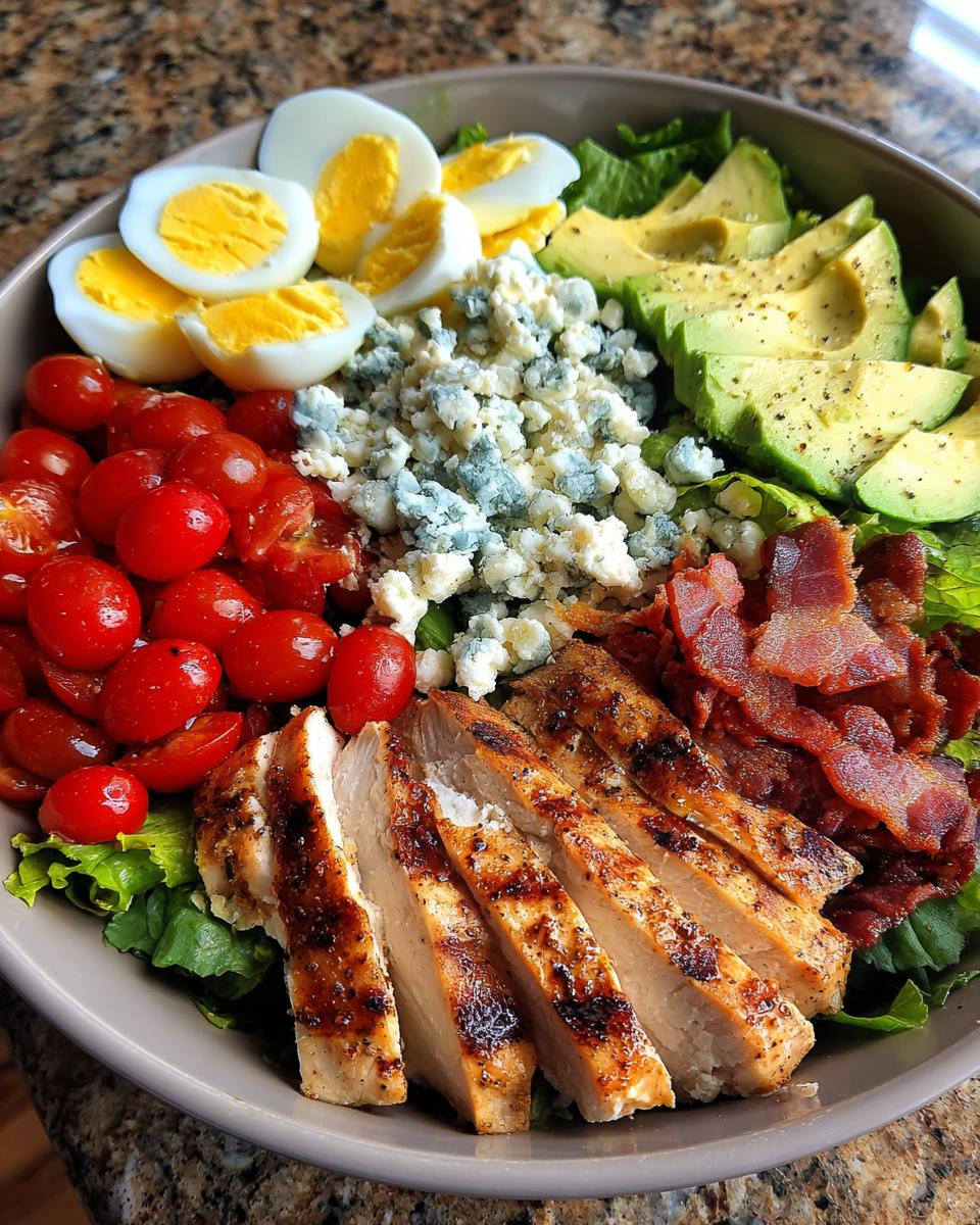 A vibrant Grilled Chicken Cobb Bowl with sliced chicken, hard-boiled eggs, cherry tomatoes, blue cheese, avocado, and bacon.