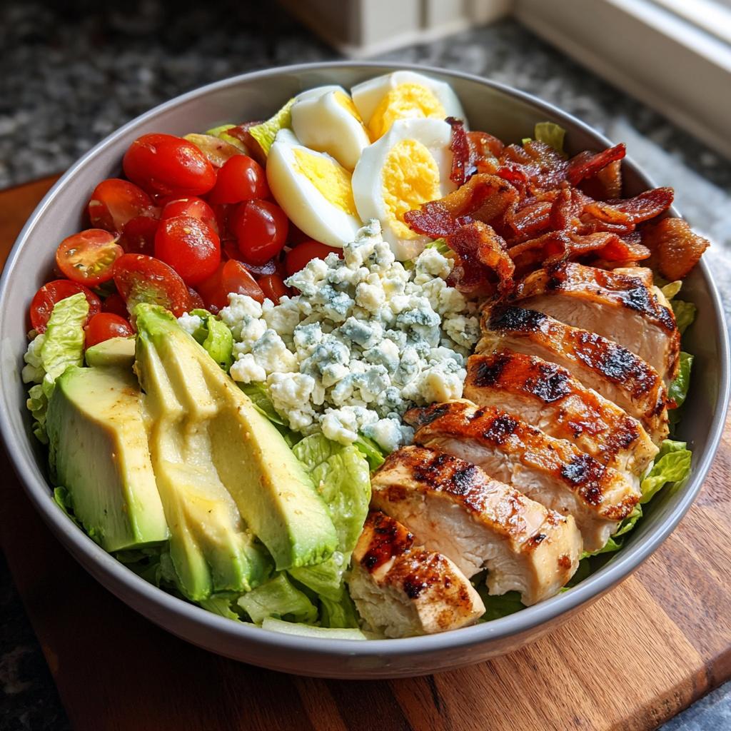 A delicious grilled chicken Cobb salad bowl with avocado, tomatoes, hard-boiled eggs, blue cheese, and bacon.
