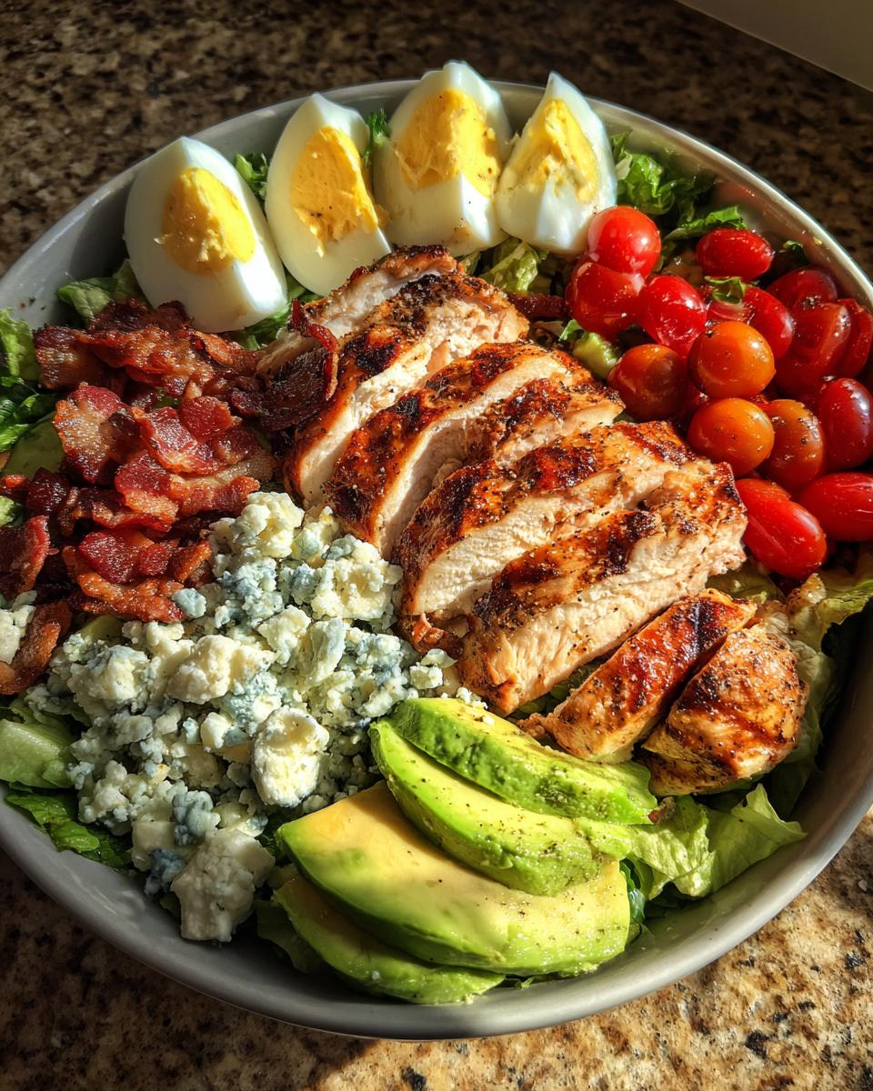 A vibrant Summer Salad Recipe for Grilled Chicken Cobb Bowls, featuring grilled chicken, bacon, blue cheese, avocado, tomatoes, and hard-boiled eggs.