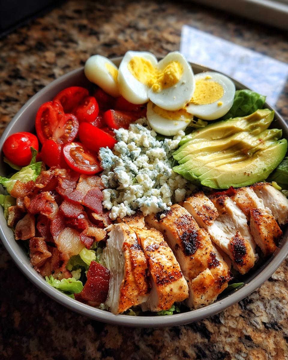 A delicious Grilled Chicken Cobb Salad Bowl with sliced chicken, bacon, hard-boiled eggs, tomatoes, avocado, and blue cheese.
