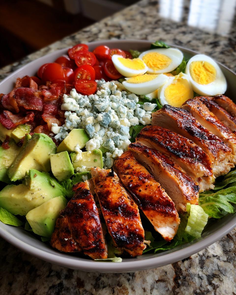A delicious grilled chicken Cobb salad bowl with avocado, bacon, blue cheese, tomatoes, and hard-boiled eggs.