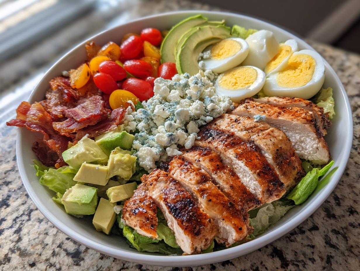 A vibrant Summer Salad Recipe featuring grilled chicken, bacon, avocado, tomatoes, blue cheese, and hard-boiled eggs.