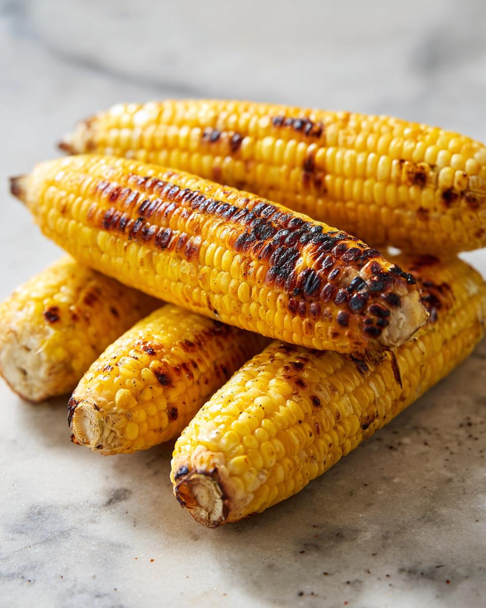 A close-up shot of several ears of grilled corn on the cob, with visible char marks and kernels.