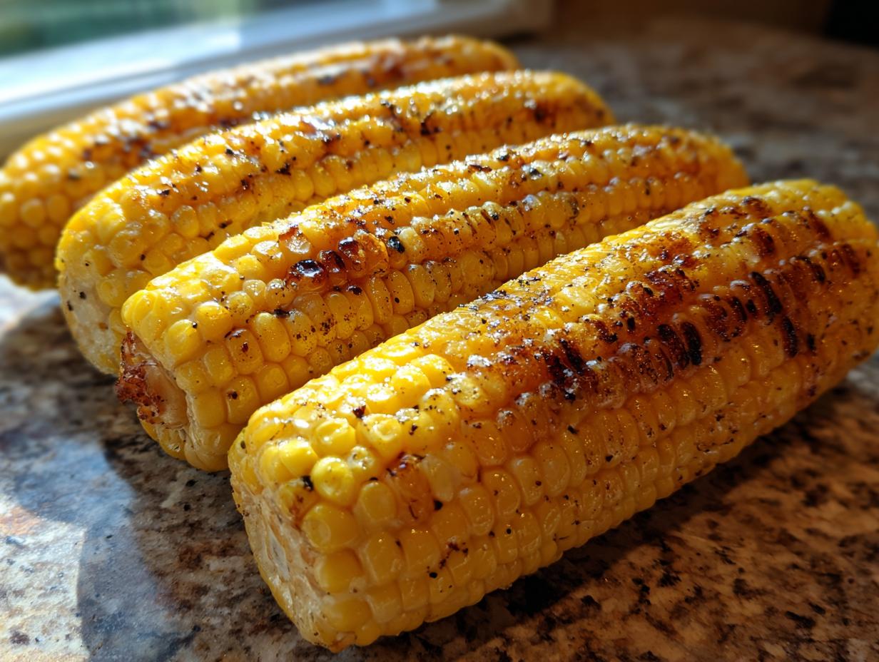 Close-up of four ears of grilled corn on the cob, seasoned with salt and pepper, showcasing grill marks.
